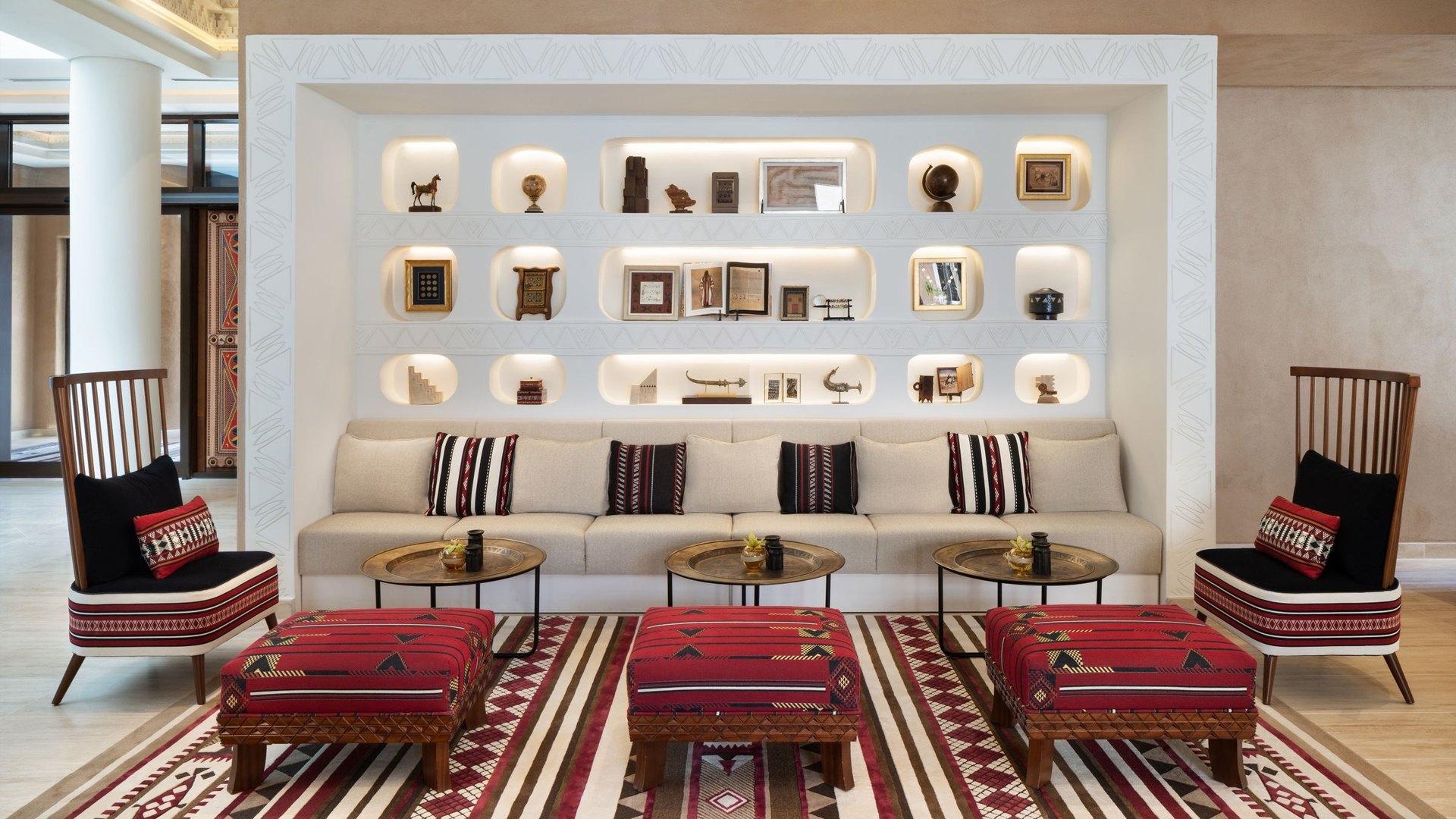 The lobby of Bab Samhan, Najdi textiles and a niche wall of objects