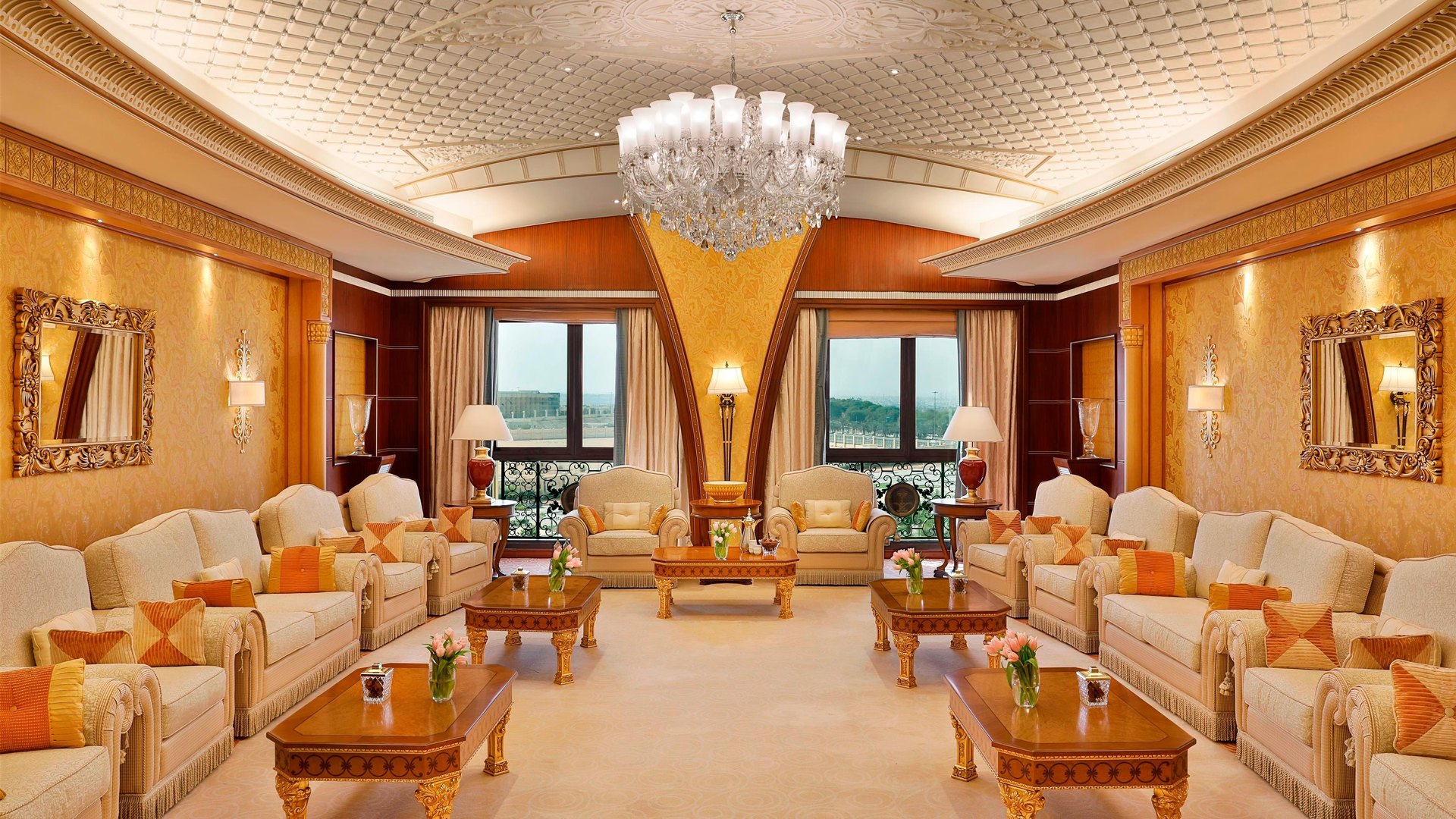 The majlis of the Royal Suite at The Ritz-Carlton, Riyadh, under a crystal chandelier
