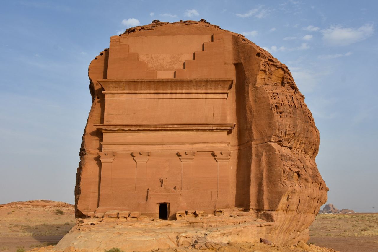 Qasr al-Farid at Hegra, the Nabataean tomb carved into a lone sandstone outcrop